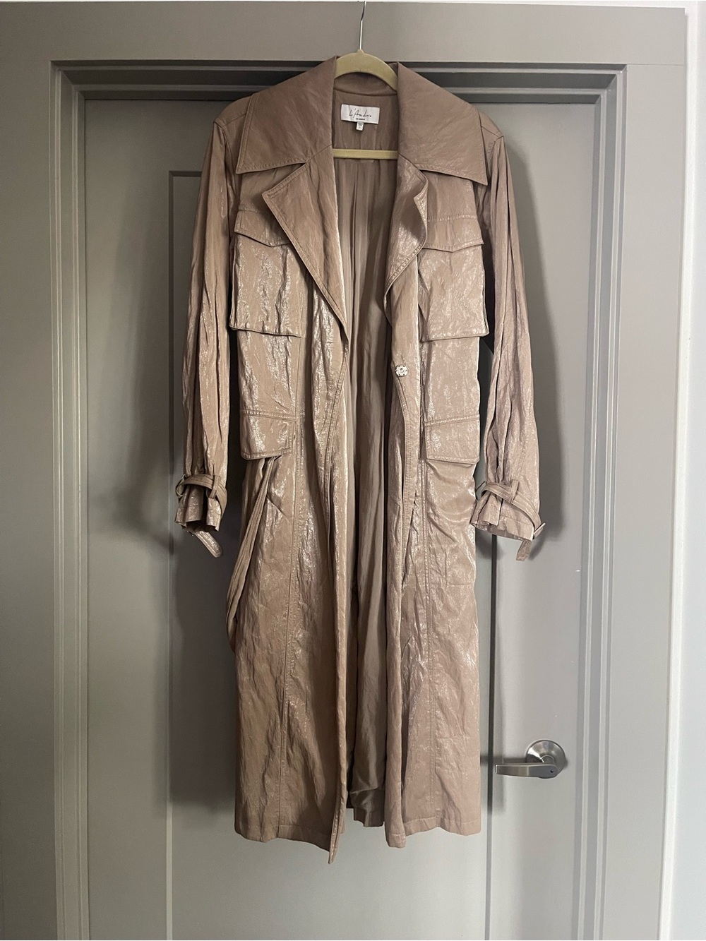 L'Academie Shiny Taupe Long Trench Coat